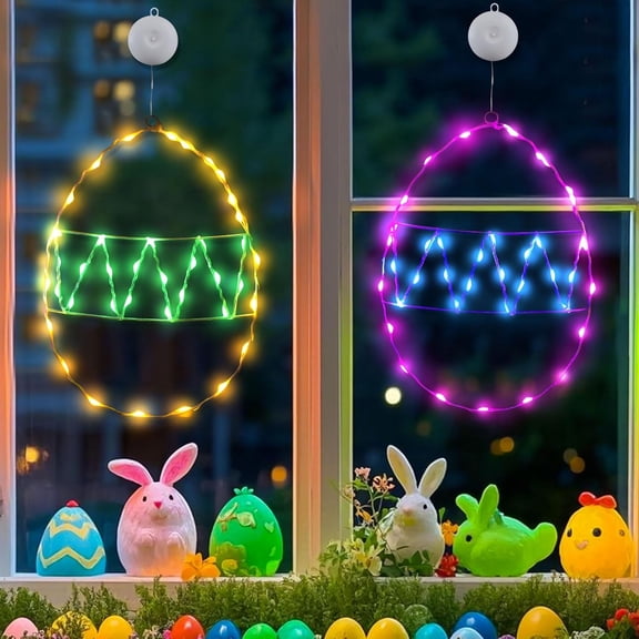 Easter Window Lights with Timer, Window Decorations, 2 Pack Easter Eggs Shaped Multicolor Hanging String Lights with Suction Cup, Battery Operated Indoor Lights for Home Decor