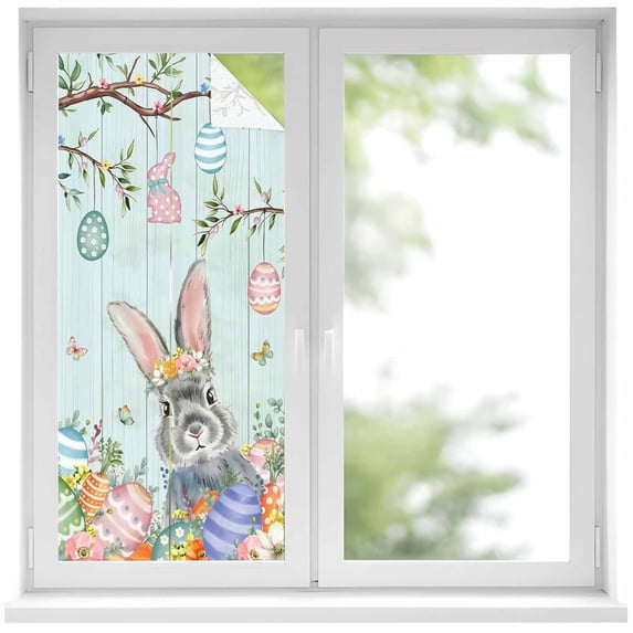 Easter Window Privacy Film, Country Spring Botanical Eggs Trees Wooden Grain Static Cling UV Sun Blocking Heat Control Window Tint Day and Night, Non-Adhesive One Way Privacy Cover 17.7''x39.3''