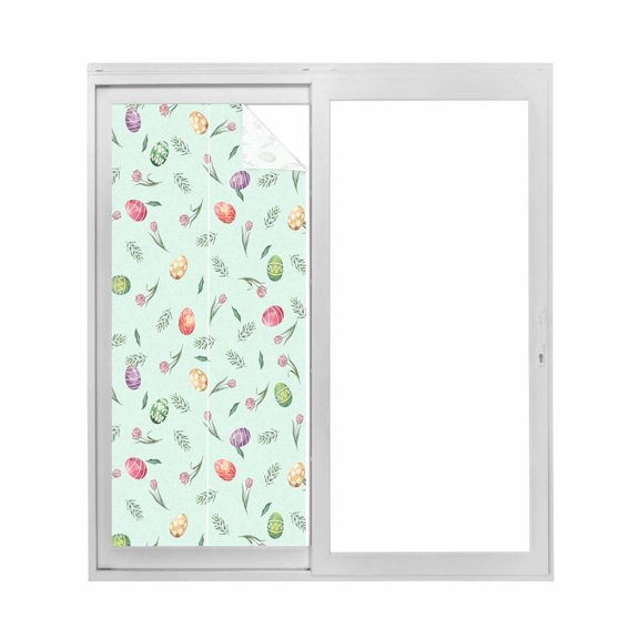Easter Window Privacy Film, Spring Colorful Eggs Tulip Flowers Leaf Plant Green Static Cling UV Sun Blocking Tint Film Heat Control Windows Films for Bedroom Bathroom, Window Stickers 17.7"x39.3"