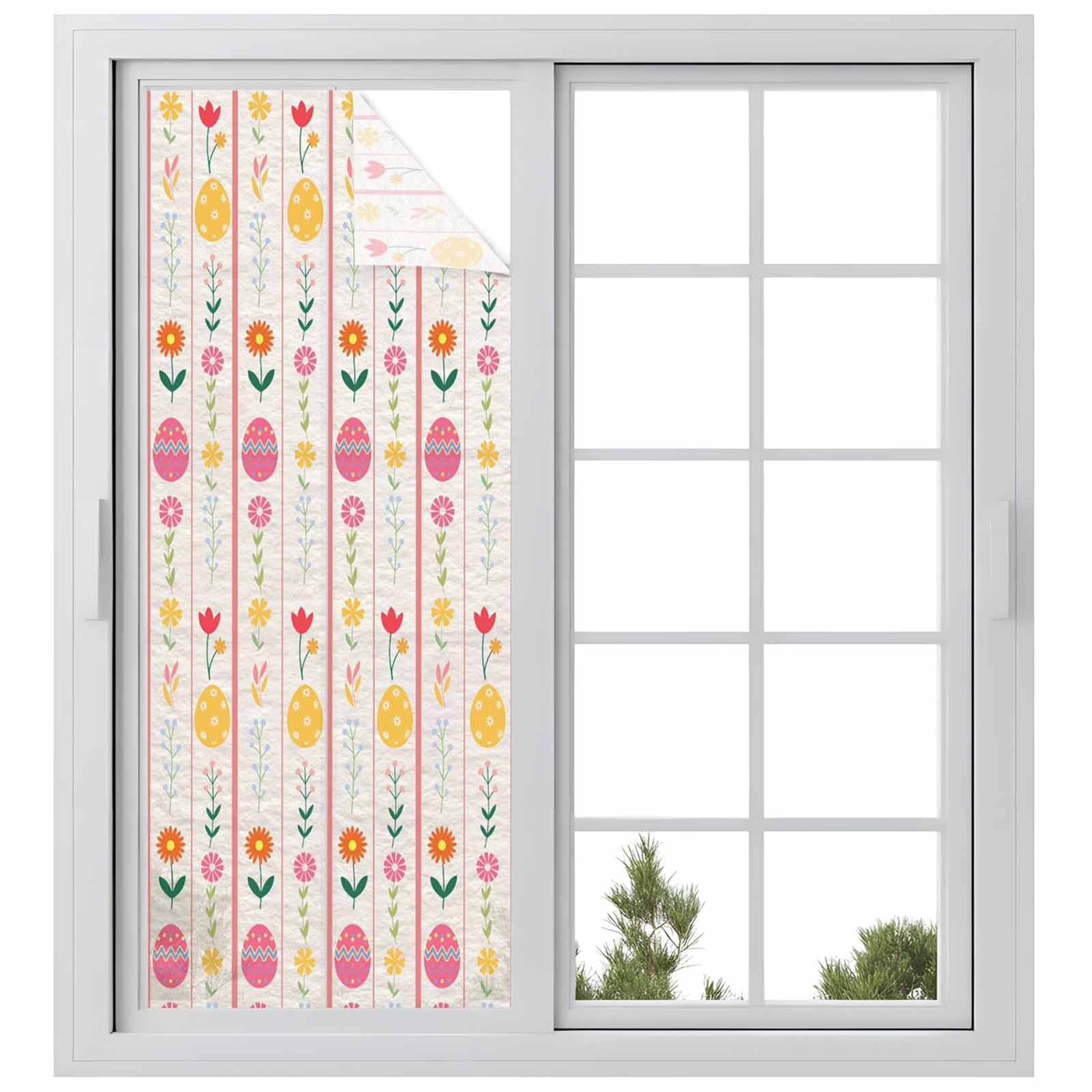 Easter Window Privacy Film, Spring Floral Eggs Leaf Pink Stripes Linen Texture Frosted Glass Window Clings Static Cling UV Heat Blocking Reusable Door Sticker for Bathroom 23.6 x 59 Inch