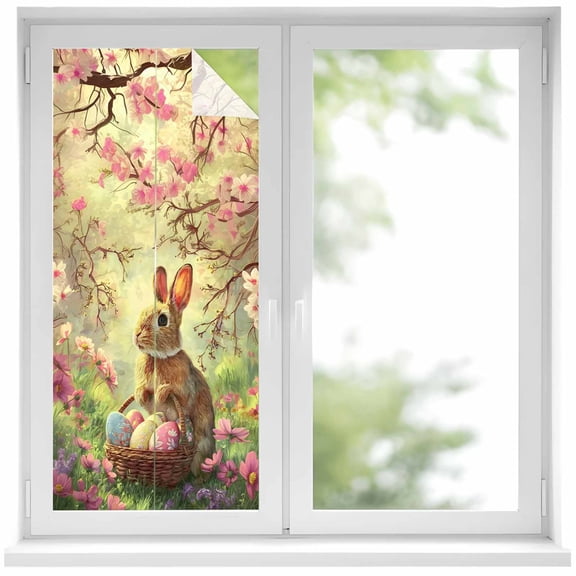 Easter Window Privacy Film, Spring Rabbit Basket Eggs Pink Floral Grass Yellow Background Frosted Glass Window Clings Static Cling UV Heat Blocking Reusable Door Sticker for Bathroom 19.6 x 39.3 Inch