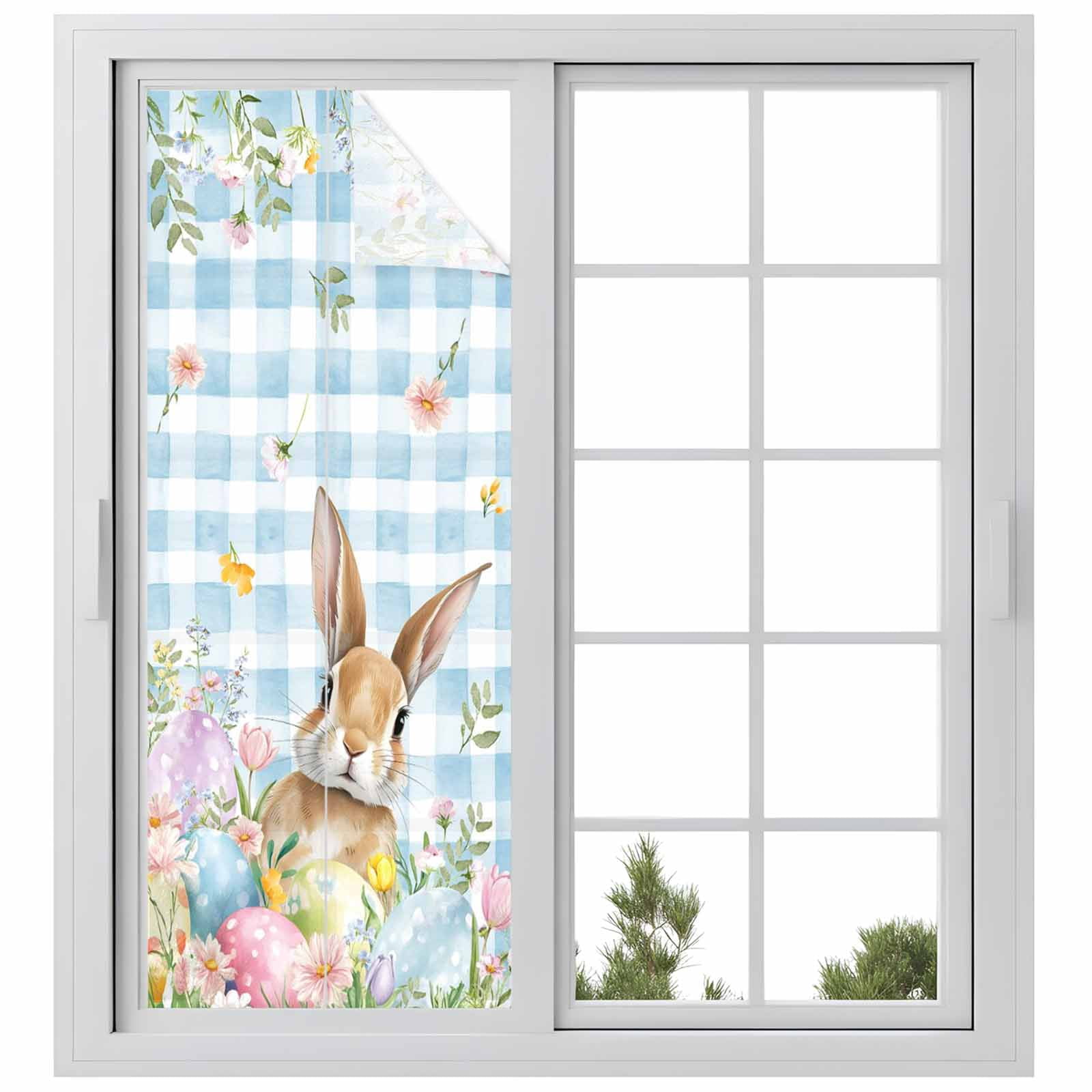 Easter Spring Window Easter Window Privacy Film, Spring Rabbit Eggs Seasonal Flowers Blue ...