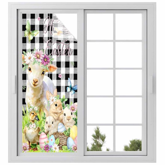 Easter Window Privacy Film, Spring Rabbit Sheep Duck Eggs Plants Black Plaid Static Cling UV Sun Blocking Heat Control Window Tint Day and Night, Non-Adhesive One Way Privacy Cover 29.5''x78.7''