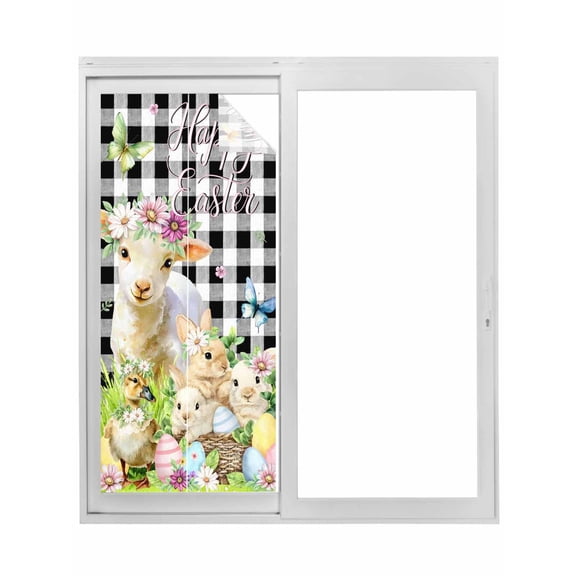 Easter Window Privacy Film, Spring Rabbit Sheep Duck Eggs Plants Black Plaid Static Cling UV Sun Blocking Tint Film Heat Control Windows Films for Bedroom Bathroom, Window Stickers 35.4"x78.7"