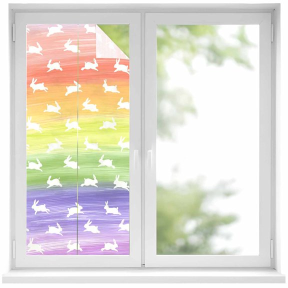 Easter Window Privacy Film, Spring Rabbit Silhouette Colorful Rainbow Graffiti Static Cling UV Sun Blocking Heat Control Window Tint Day and Night, Non-Adhesive One Way Privacy Cover 17.7''x39.3''