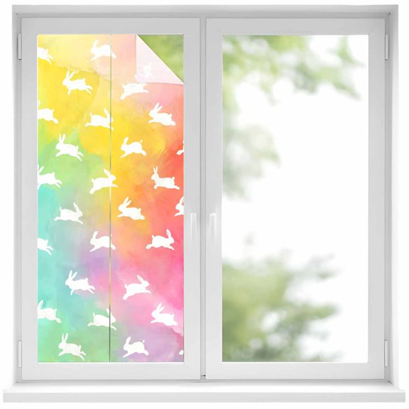Easter Window Privacy Film, Spring Rabbits Silhouette Rainbow Ombre Art Static Cling UV Sun Blocking Heat Control Window Tint Day and Night, Non-Adhesive One Way Windows Privacy Cover 17.7''x39.3''