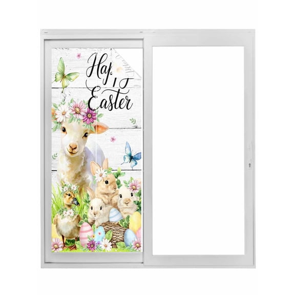 Easter Window Privacy Film, Spring Sheep Bunny Duck Plants Wooden Grain Static Cling UV Sun Blocking Tint Film Heat Control Windows Films for Bedroom Bathroom, Window Stickers 17.7"x39.3"