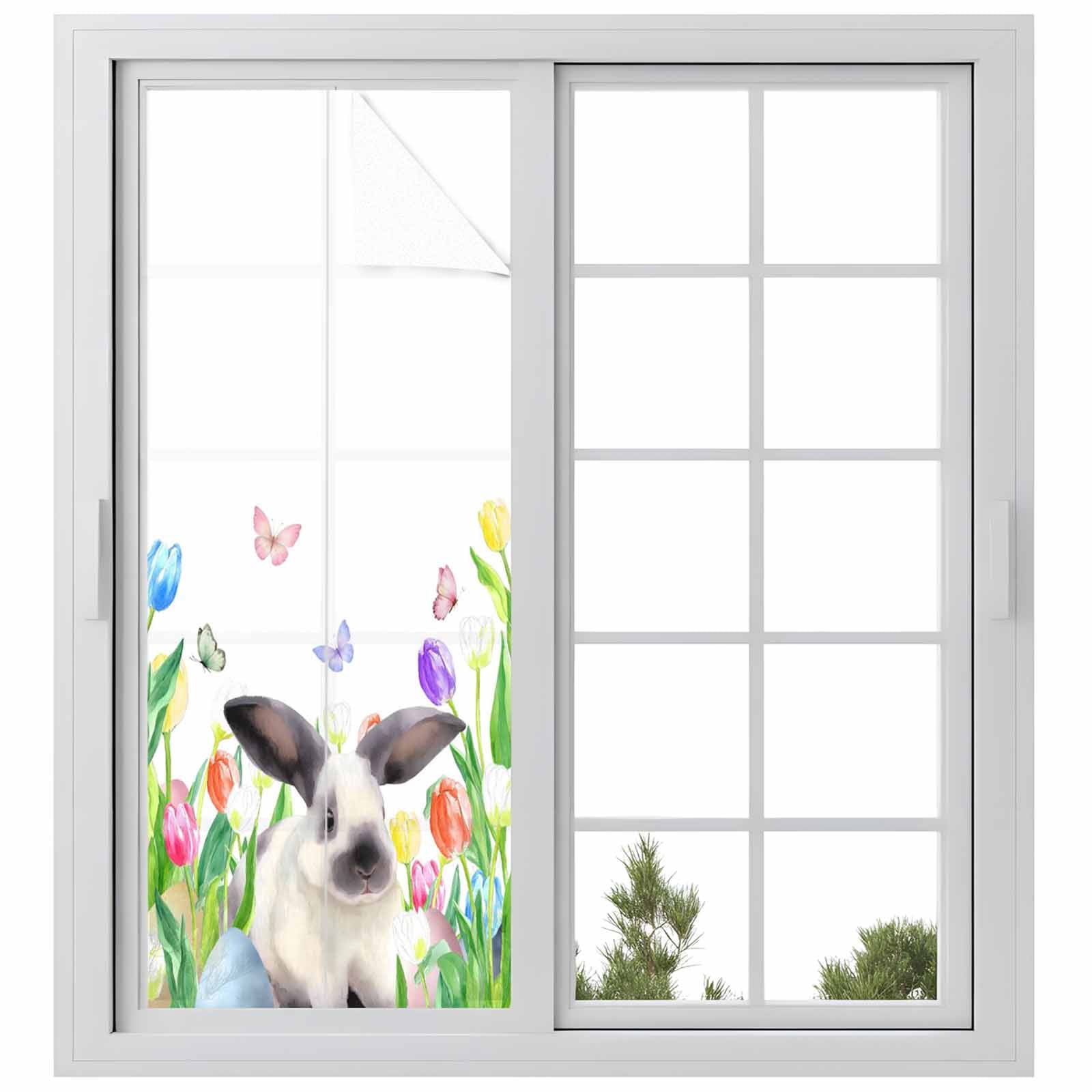 Easter Window Privacy Film, Watercolor Spring Rabbit Floral Eggs Butterfly Frosted Glass Window Clings Static Cling UV Heat Blocking Reusable Door Sticker for Bathroom 23.6 x 59 Inch