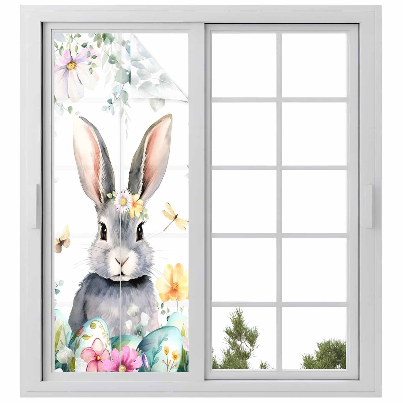 Easter Window Privacy Film, Watercolors Rabbits Flowers Eucalyptus Leaves Plants Frosted Glass Window Clings Static Cling UV Heat Blocking Reusable Door Sticker for Bathroom 23.6 x 59 Inch
