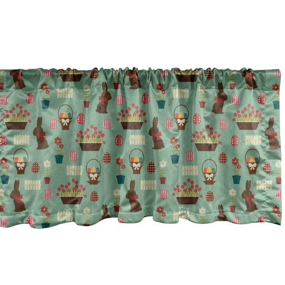Ambesonne Easter Valance Pack of 2, Chocolate Bunny Eggs Tulips, 54"X18", Laurel Green Multicolor