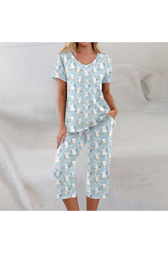 Easter Women Pajama Set 2026 Lounge Egg Bunny Printed Plus Size Short Sleeve Shirts and Capri Pant Pjs Set 2 Piece Outfits