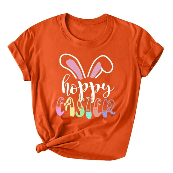 Easter Women Short Sleeve Shirts Casual Round Neck Cute Print Tee Summer Lightweight Pullover Tops (3XL, B Orange)