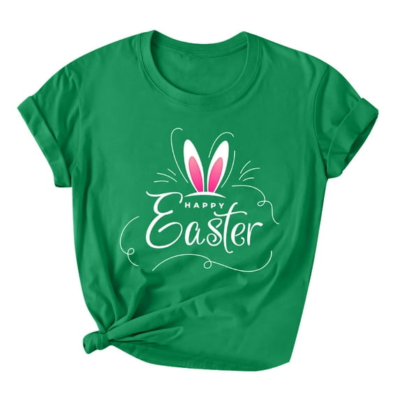 Easter Women Short Sleeve Shirts Casual Round Neck Cute Print Tee Summer Lightweight Pullover Tops (XL, A Green)