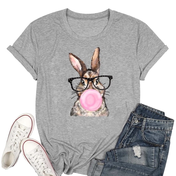 Easter Women's Sweatshirt Cute Rabbit Bow Print Casual Versatile Color Cotton Crew Neck Short Sleeve T-Shirt Light Gray M