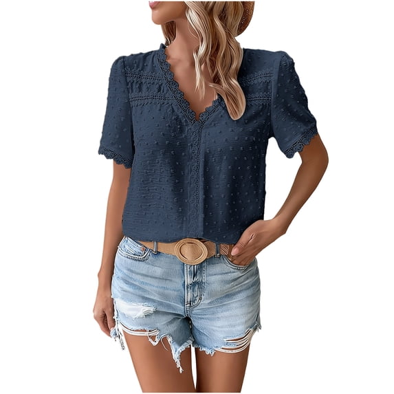 Easter Women’s V-Neck Top Versatile Casual Short Sleeve Shirt Summer Fashion Lace Breathable T-Shirt