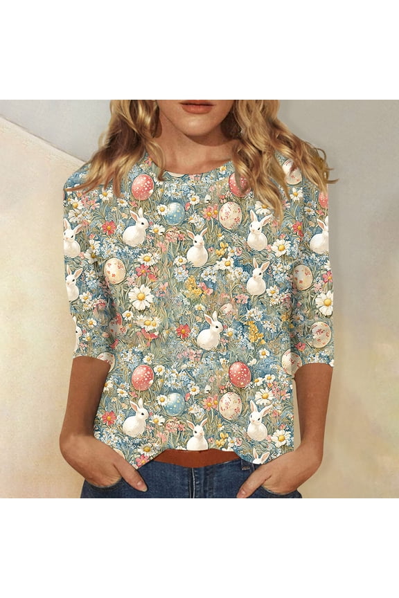 Easter Womens 3/4 Sleeve Tops 2026 Bunny Egg Print Crew Neck Shirts Loose Fit Stretchy Funny Shirt Summer Blouses Tops, #01 Mint Green M