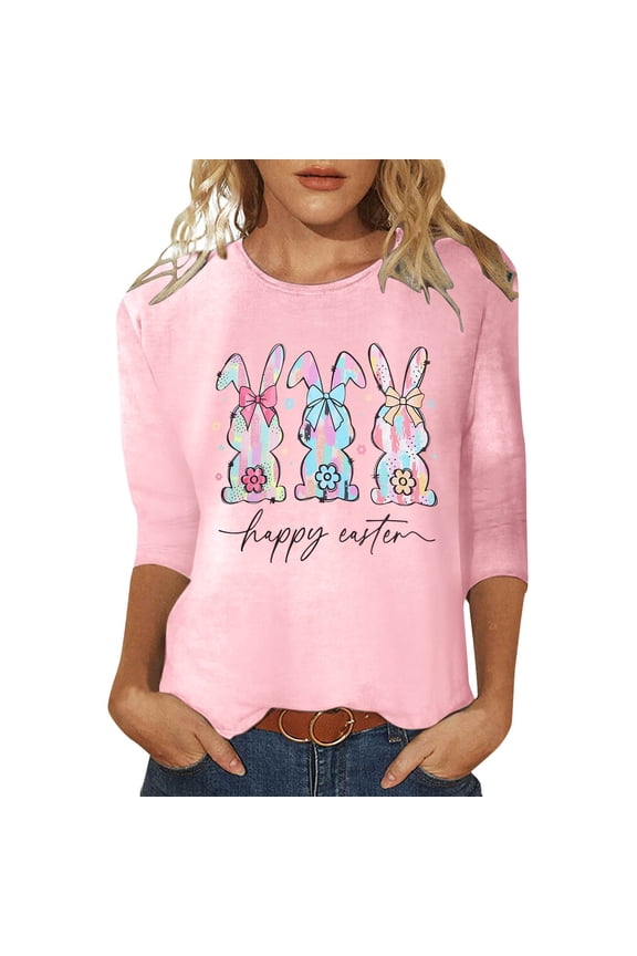 Easter Womens Graphic T Shirts Printed V Neck 3/4 Sleeve Soft Floral Bunny,Pink,L