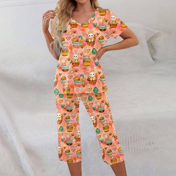 Easter Womens Pajama Set 2026 Lounge Rabbit Printed Plus Size Short Sleeve and Capri Pants Women 2 Piece Sleepwears