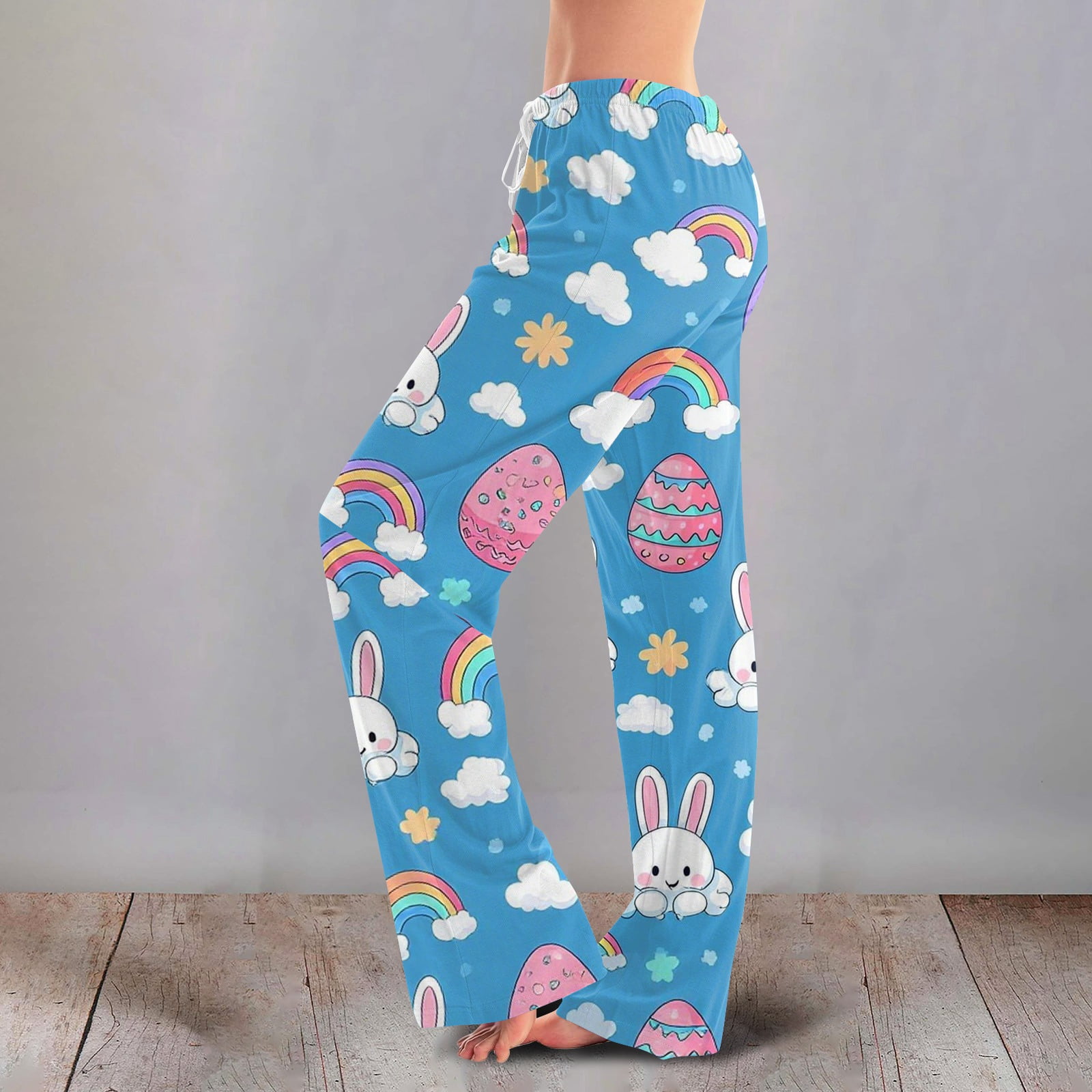 Easter Womens Satin Pajama Wide Leg Easter-Themed Print Loungewear Drawstring Cute Lounge Pants Elastic Waist Comfy Trendy with Pockets Pants, #272 Blue XL
