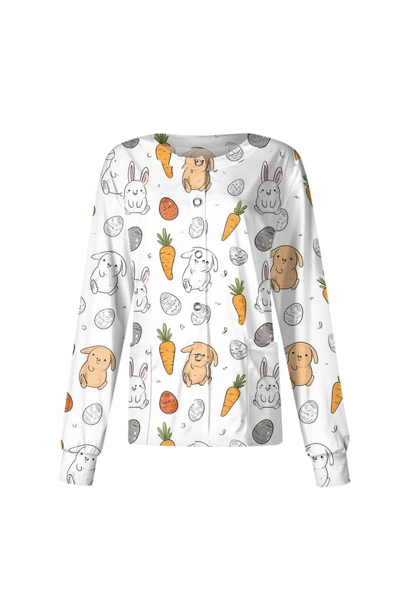 Easter Womens Scrub Jackets Loose Long Sleeve Funny Rabbit and Egg Printed Scrubs Holiday Casual Button Down Scrub Tops Nursing Uniform Medical Nurse Workwear with Pockets White 3XL