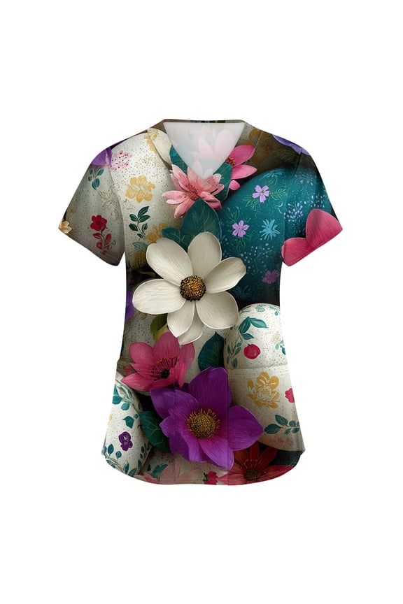 Easter Womens Scrub Tops Short Sleeve Colored Eggs Print V-Neck Tee Casual Soft Nurse Tops with Pockets, #01 Multicolor, XL
