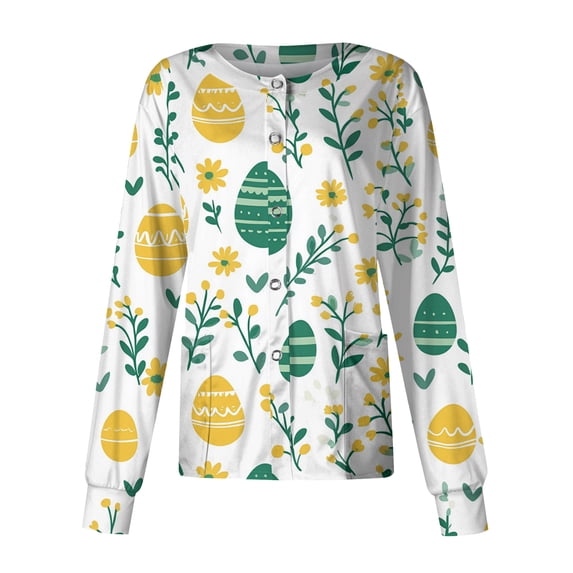 Easter Womens Scrubs Casual Fit Long Sleeve Colorful Eggs Print Working Uniform Plus Size Crew Neck Tshirts Nurse Trendy Cardigan Stretchy Blouses Tops, #01 Mint Green M