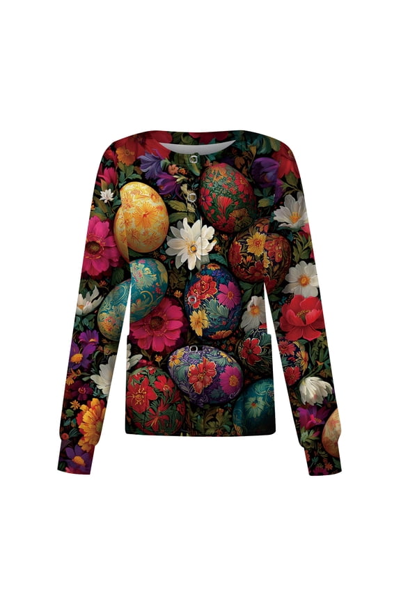 Easter Womens Scrubs Jacket Long Sleeve Snap Front Easter Spring Bunny Printed Jacket Nursing Uniform Shirts with Pockets