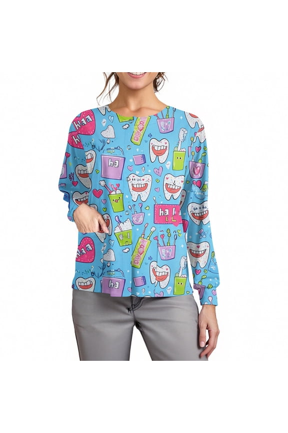 Easter Womens Scrubs Jacket Spring Bunny Pattern Long Sleeve Scrub Jackets Scrubs Jacket Workwear Uniforms with Pockets