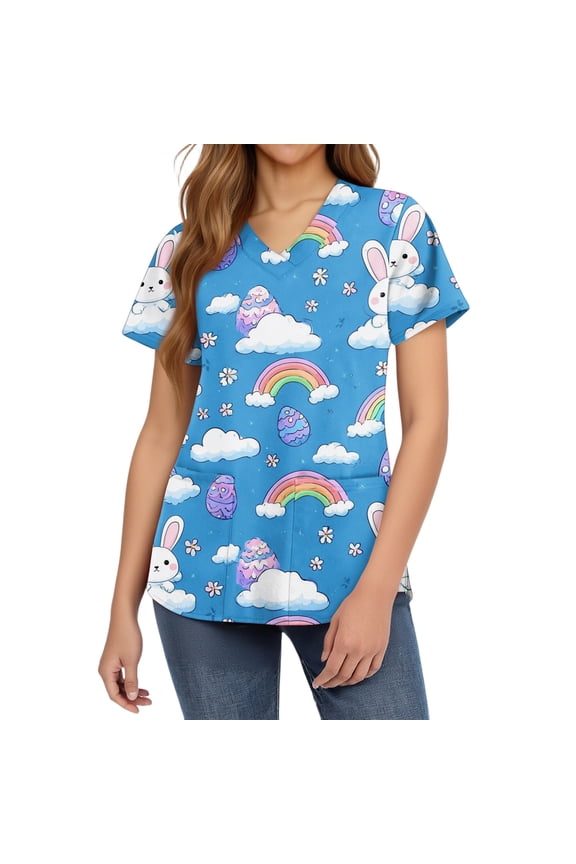 Easter Womens Scrubs Plus Size V Neck Short Sleeve Nursing Uniform Soft Stretch Bunny Egg Printed Tshirts Nurse 2026 Festive Tunics Tops, #01 Sky Blue XL