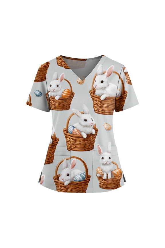 Easter Womens Scrubs Soft Stretch Short Sleeve V Neck Working Uniform Plus Size Bunny Egg Print Tees Nurse Holiday Y2k Tunics Tops, #01 Light Gray XXL