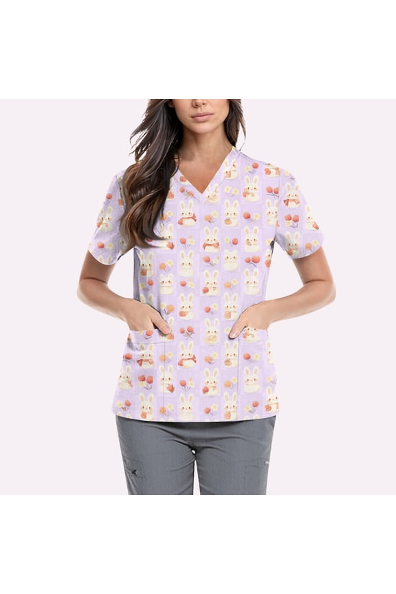Easter Womens Scrubs Stretchy Bunny Egg Printed V Neck Working Uniform Nurse Short Sleeve Tee Shirts Casual Fit Spring Plus Size Pullover Tops, #01 Purple Pink XL