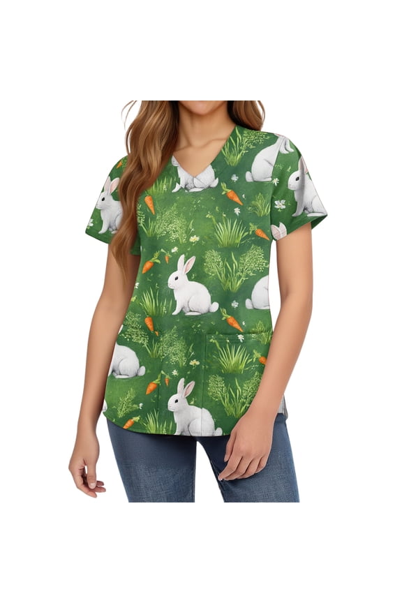 Easter Womens Scrubs Tops Nurse Short Sleeve Bunny Egg Print Nursing Uniform Summer V Neck Tee Shirts Plus Size Holiday Stretchy Pullover Tops, #01 Green XL