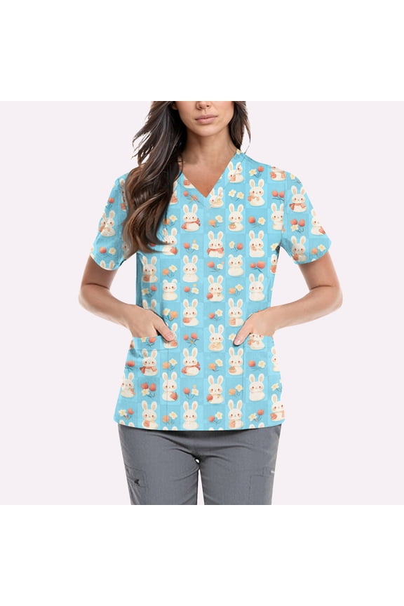 Easter Womens Scrubs Tops Plus Size Short Sleeve V Neck Working Uniform Casual Fit Colorful Eggs Print Tees Nurse Holiday Stretchy Blouses Tops, #01 Sky Blue M