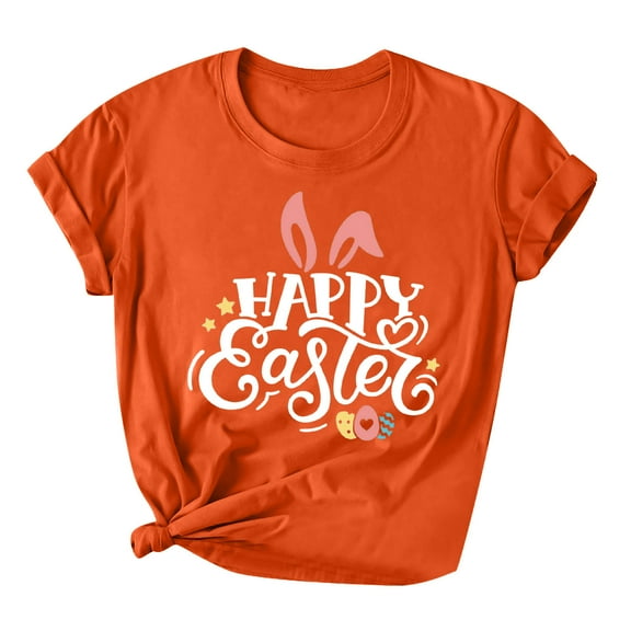 Easter Womens Short Sleeve Shirts Casual Round Neck Cute Print Tee Summer Lightweight Pullover Tops (S, C Orange)
