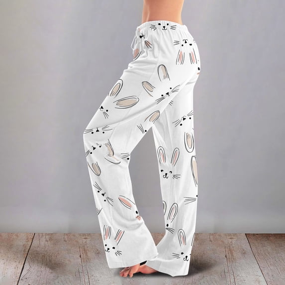 Easter Womens Silk Pajamas Drawstring Bunny Egg Print Loungewear Wide Leg Cute Casual Lounge Pants Elastic Waist Casual Fit Festival with Pockets Pants, #70 White XXL