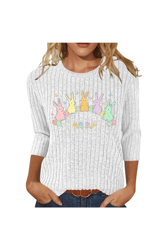 Easter Womens Sweaters Fall Fashion 3/4 Length Sleeve Tops Funny Bunny Egg Graphic Crew Neck Button Shirts Casual Pullover Cute Winter Clothes
