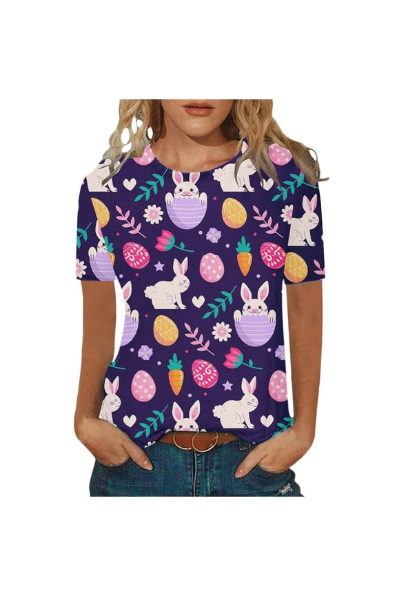 Easter Womens Tops Trendy Crew Neck Print 3/4 Sleeve T Shirt Plus Size Blouse,Navy,S