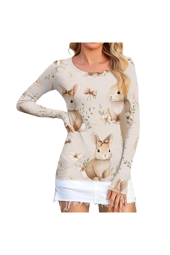 Easter Womens Workout Tops Cheery Print Long Sleeve Knit Seaming Tees for Teens Girls,Beige,2XL