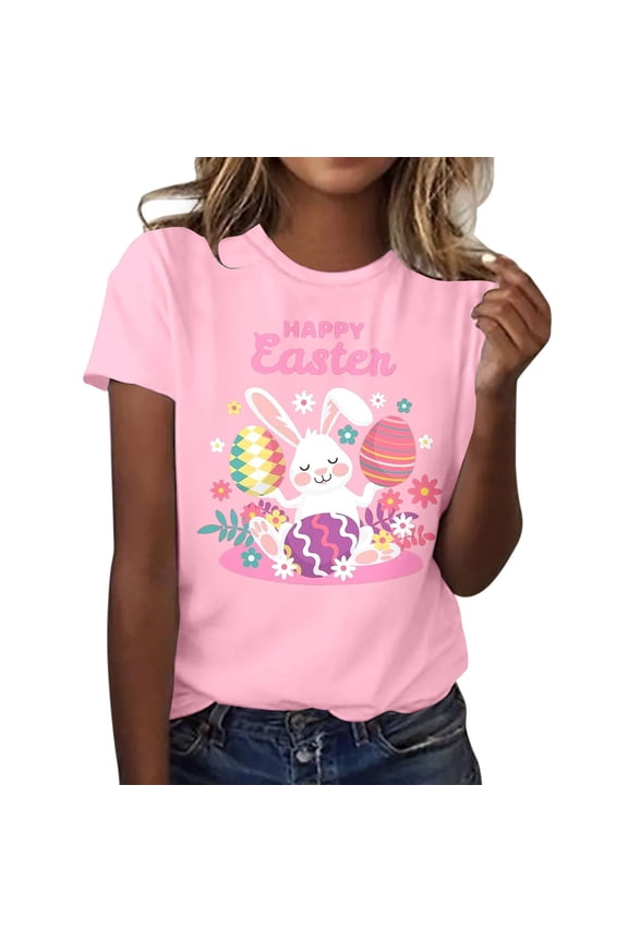 Easter Womens Workout Tops Cute Bunny Graphic Print Short Sleeve Crew Neck Y2K Tops,Pink,XL