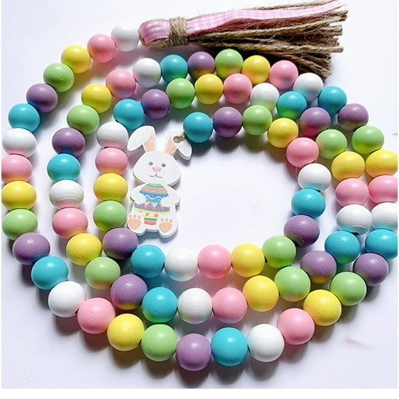 Easter Wood Bead Garland Easter Egg/Bunny Wooden Boho Beads Garland Spring Tiered Tray Decorations Farmhouse Rustic Wall Hanging Decor for Holiday Decorations