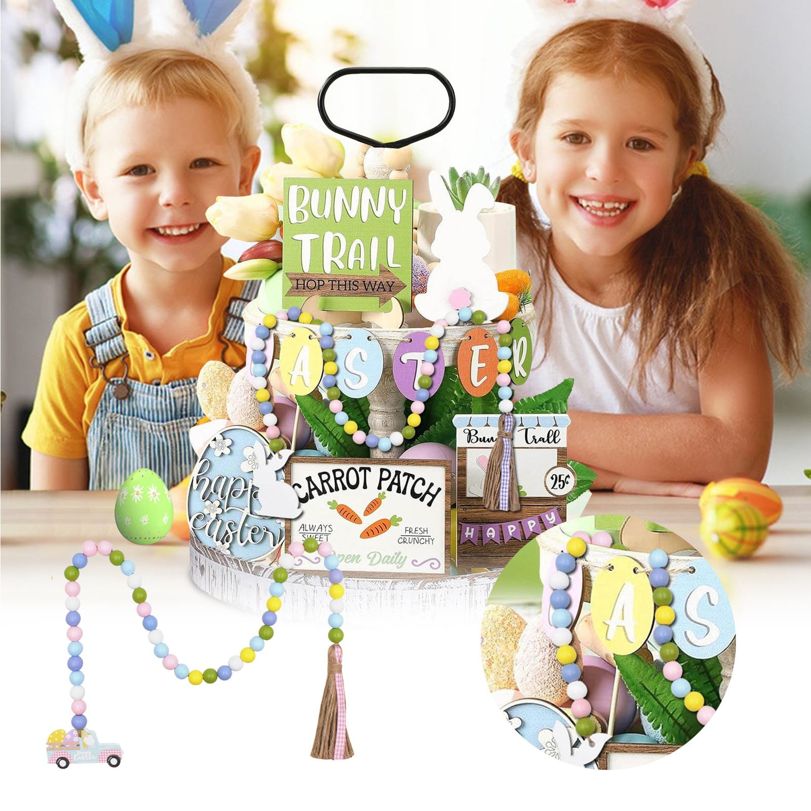 Easter Wood Bead Garland With Tassels Farmhouse Colorful Hanging