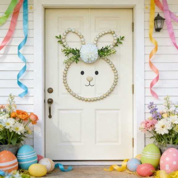 Easter Wooden Bead Bunny Wreath 12 Inch Spring Wreath with Crochet Flowers for Front Door Home Window Wall Decoration