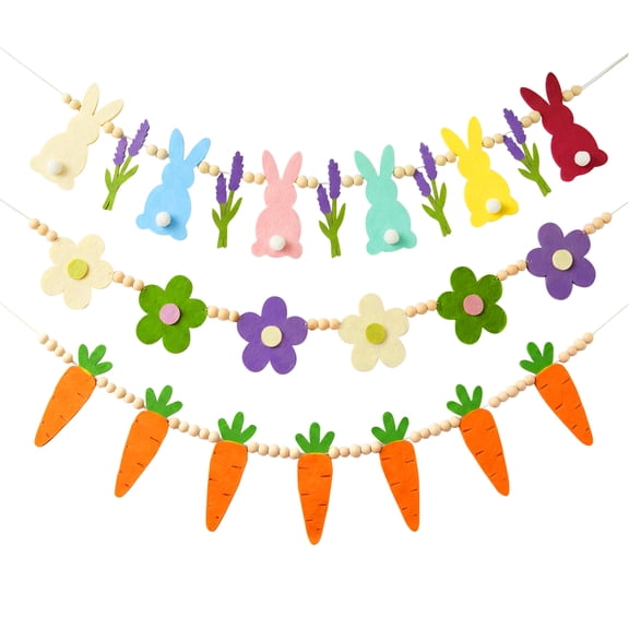 Easter Wooden Beads Garland - 3PCS Easter Banner Hanging Garland Ornaments for Spring Easte Mantel Fireplace Window Indoor Outdoor Party Decor