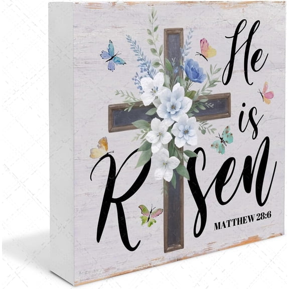 Easter Wooden Box Sign Desk Decor,He Is Risen Matthew 28:6 Rustic Home Decor Gifts for Family Friend,Wood Box Sign Block Plaque for Living Room Bedroom Shelf Tabletop Decor 5x5 In