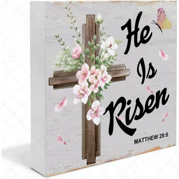 Easter Wooden Box Sign Table Decorations He is Risen Table Sign Floral Cross Easter Tiered Tray Decor Religious Tabletop Centerpieces for Easter Spring Home Office 5x5 In
