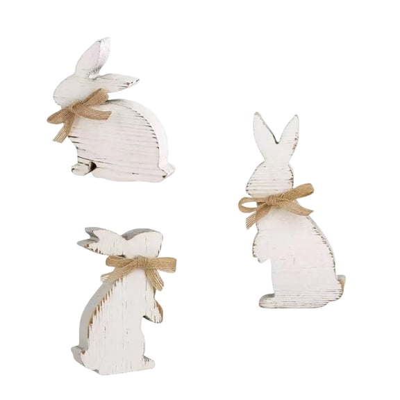 Easter Wooden Bunny Decor Set of 3, Rustic White Distressed Rabbit Figurine Tabletop Ornament for Spring & Easter Home Farmhouse Holiday Decoration