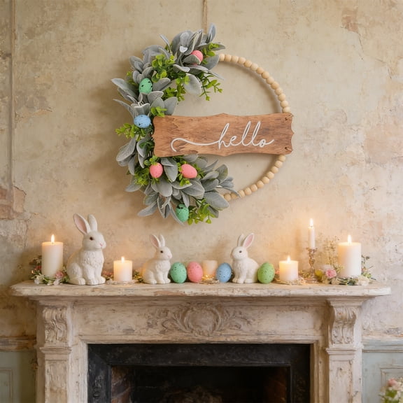 Easter Wooden Bunny Ear Leaf Wreath Hanging Door Sign Easter Spring Home Decor Rustic Wood Beaded Bunny Egg Floral Front Door Wall Window Mantel Party Decoration Gift Ornament Decor