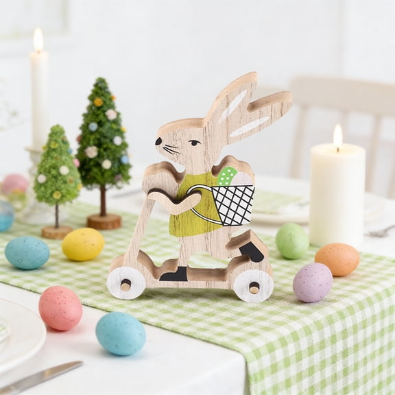 Easter Wooden Bunny Figurine Easter Party Table Decoration Solid Wood Rabbit Ornament Cute Bunny Riding Basket Desktop Shelf Home Office Festive Seasonal Display Decor