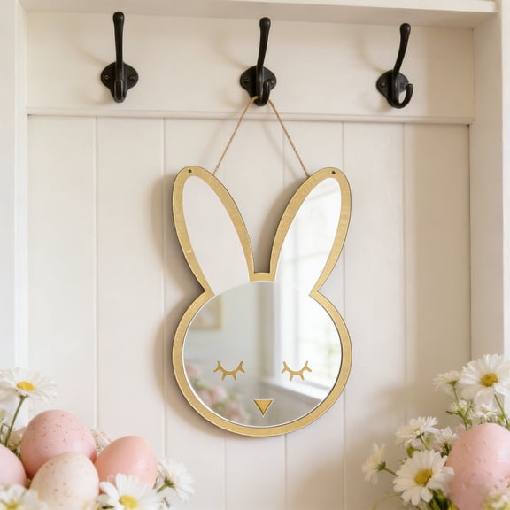Easter Wooden Bunny Head Decor Wall Mirror - Cute Rabbit Shaped Hanging Mirror for Home Easter Party Decor, Lightweight Wood Frame Mirror, Durable Spring Holiday Wall Accent, 9*6in, White