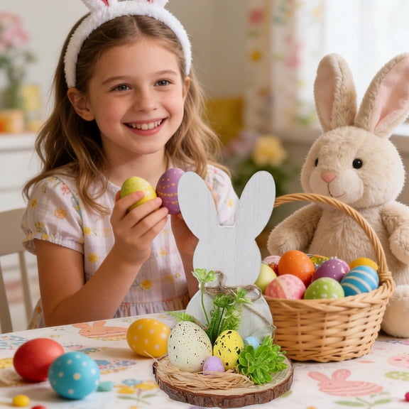 Easter Wooden Bunny Ornament with Colored Eggs & Twine | Distressed White Log Shape Holiday Decoration for Table Centerpiece or Shelf